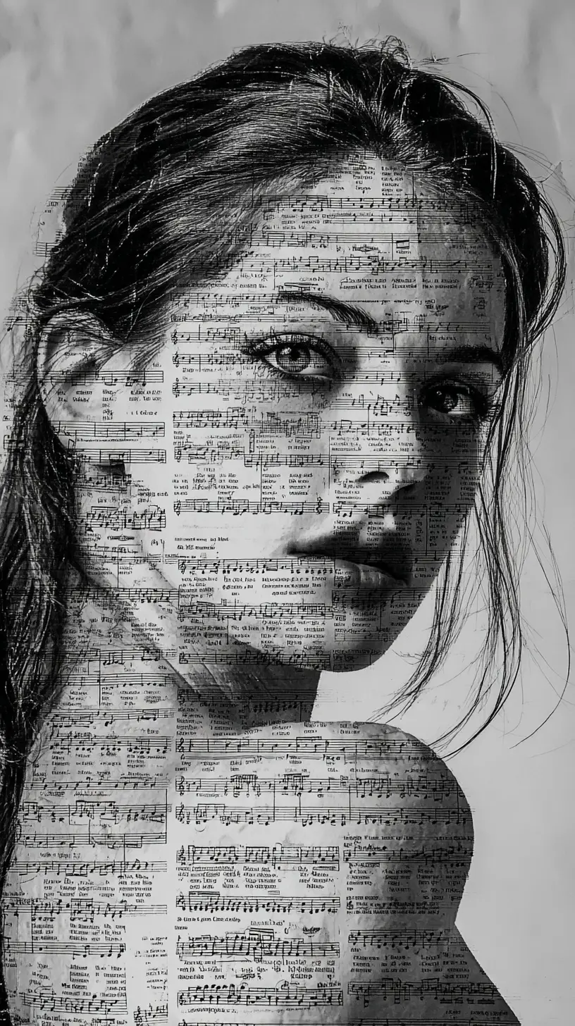Woman Emerging From Sheet Music In Surreal Close Up
