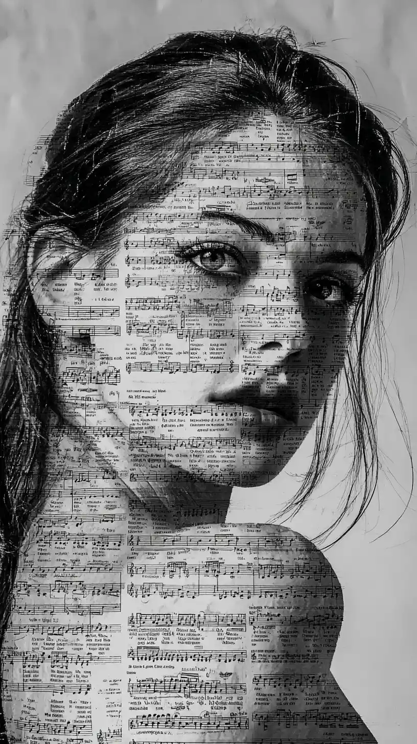 Woman Emerging From Sheet Music In Surreal Close Up
