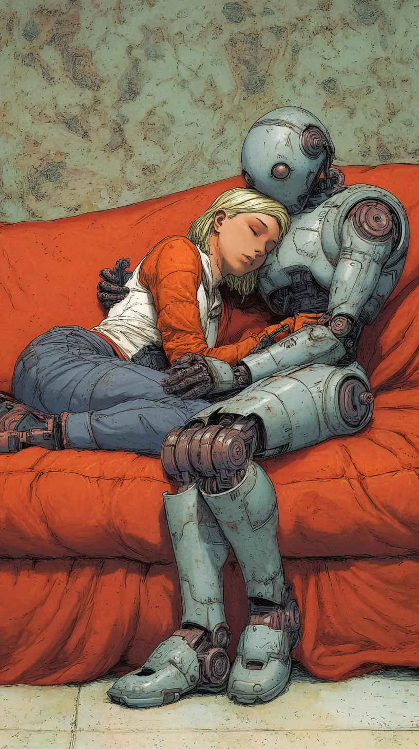 Mujer de ciencia ficción recostada en el sofá con compañero robot