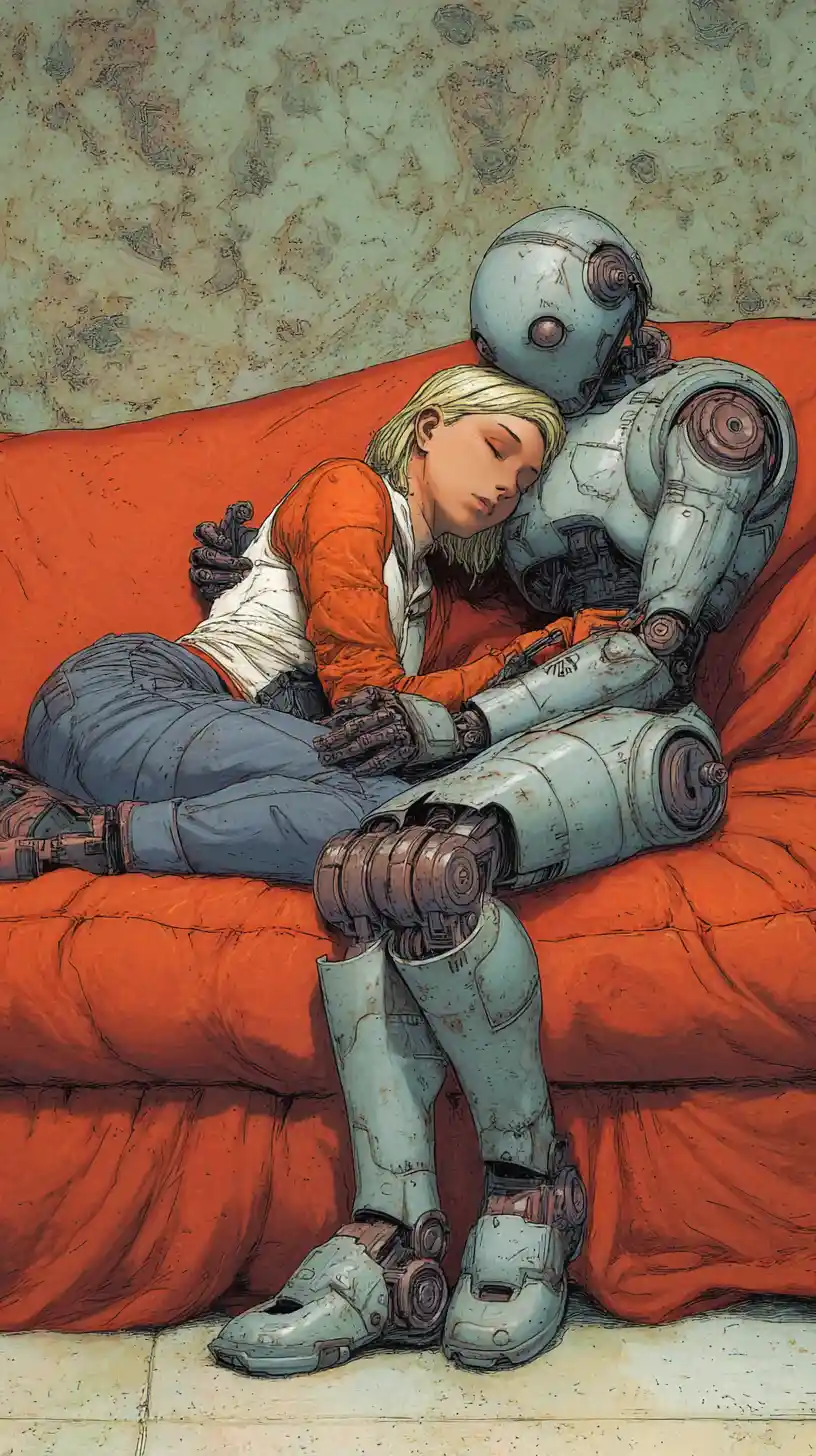 Mujer de ciencia ficción recostada en el sofá con compañero robot