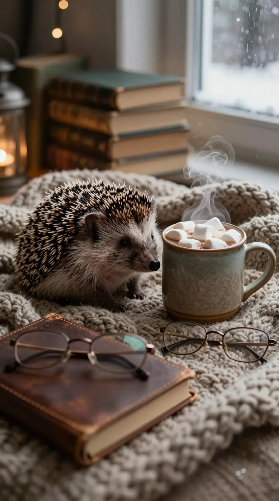 Sleeping hedgehog on blanket with hot cocoa and books