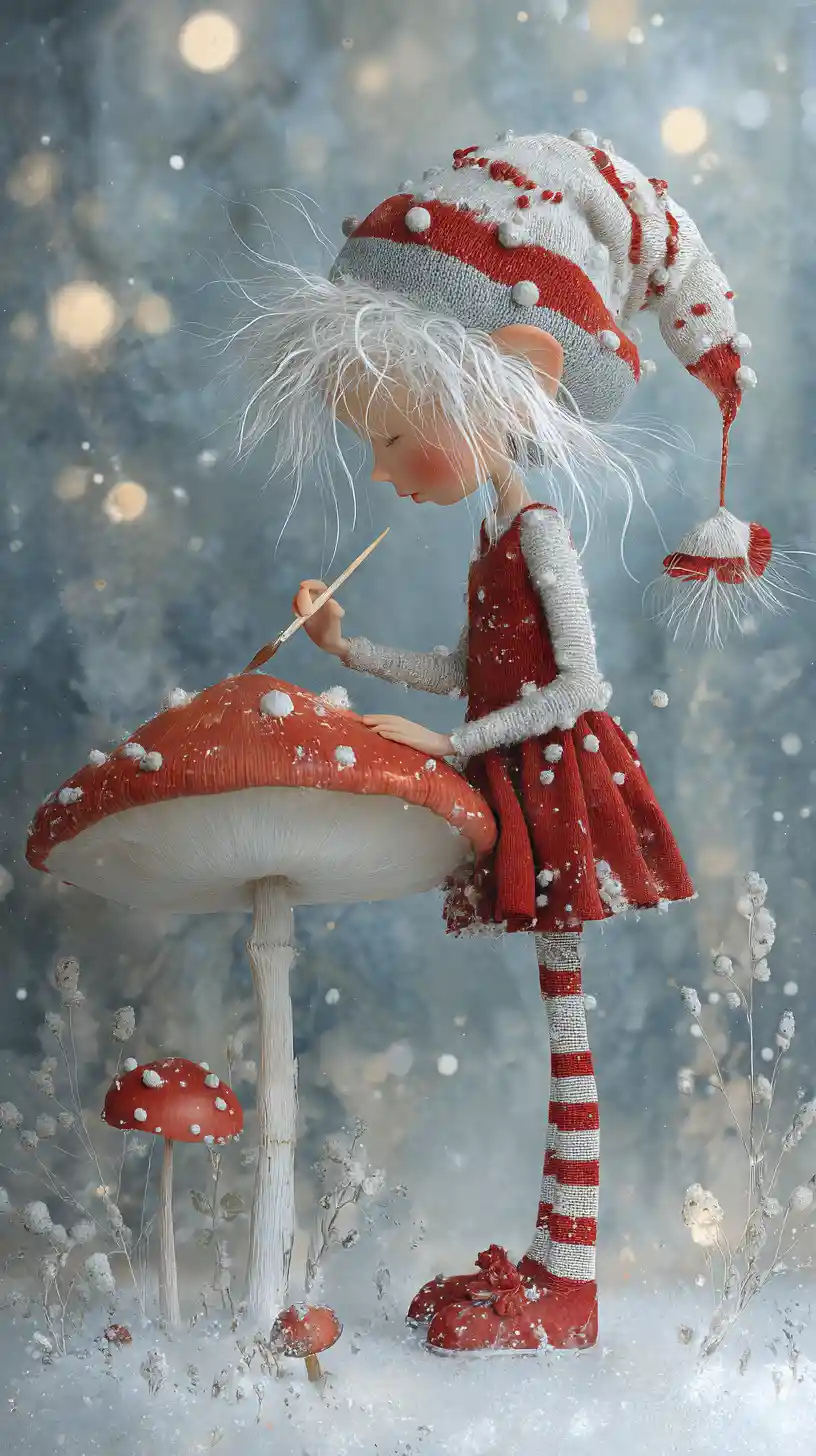 Whimsical elf girl painting spots on a red mushroom