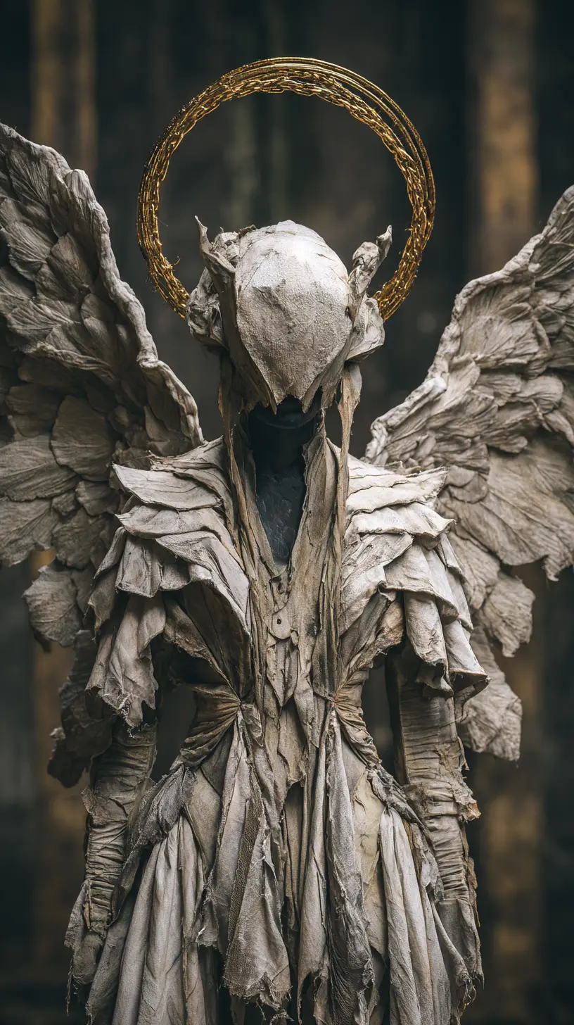 Gothic angel statue with ragged wings in dark cathedral
