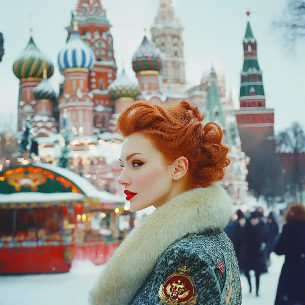 Elegant Russian woman walking by illuminated city architecture