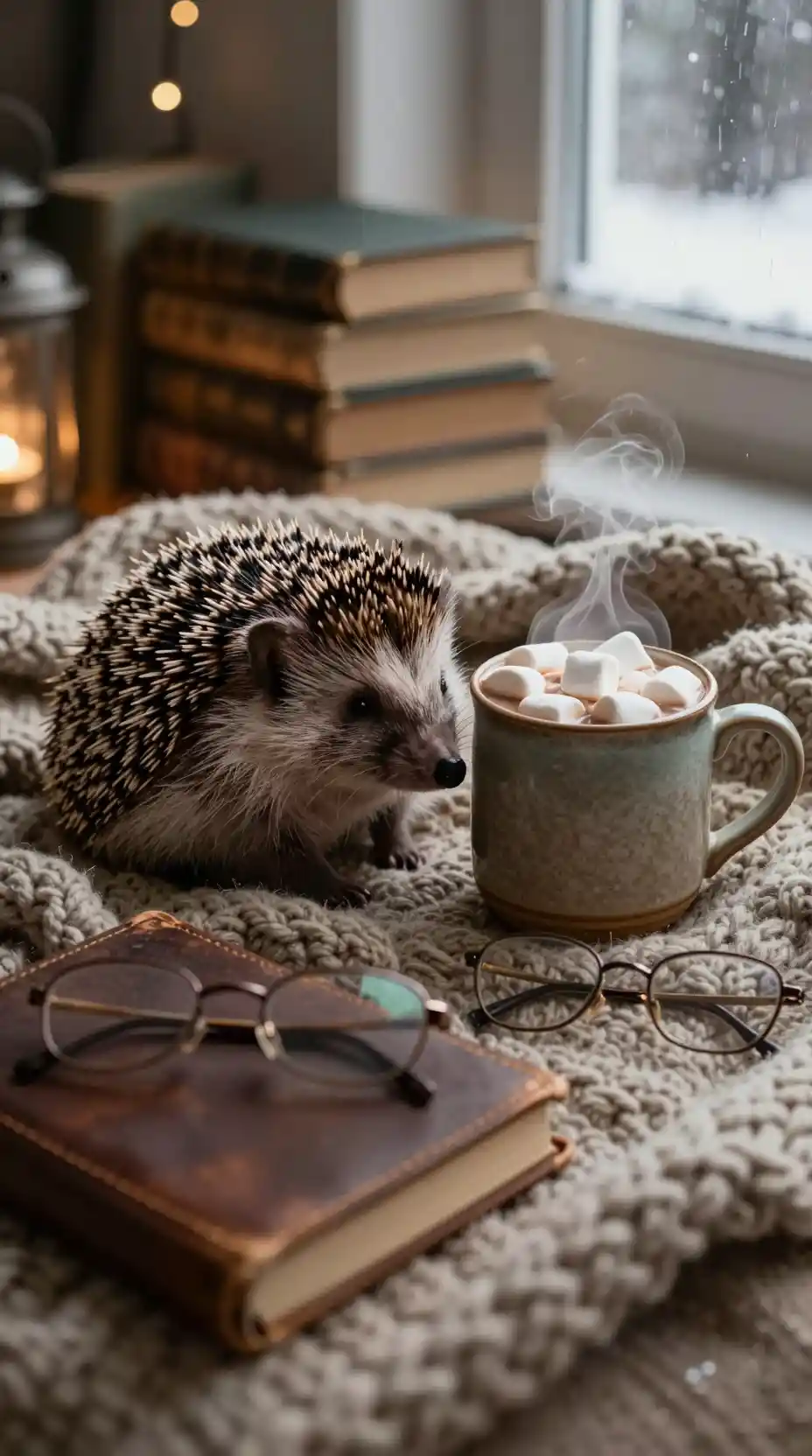 Schlafender Igel auf Decke mit heißem Kakao und Büchern
