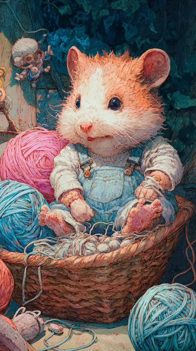 Cute hamster in yarn basket children book illustration