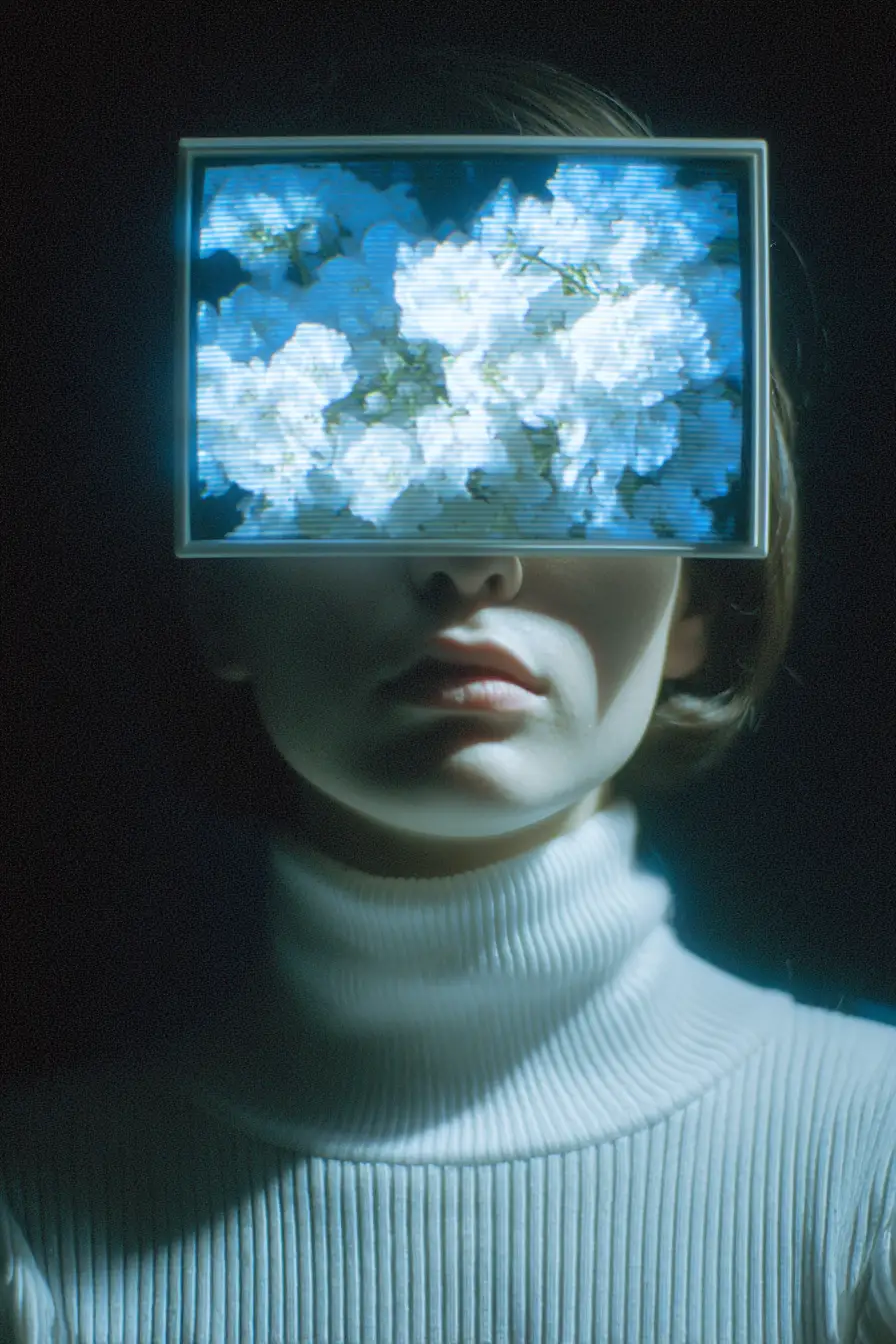 Surreal portrait of woman with lcd screen eyes