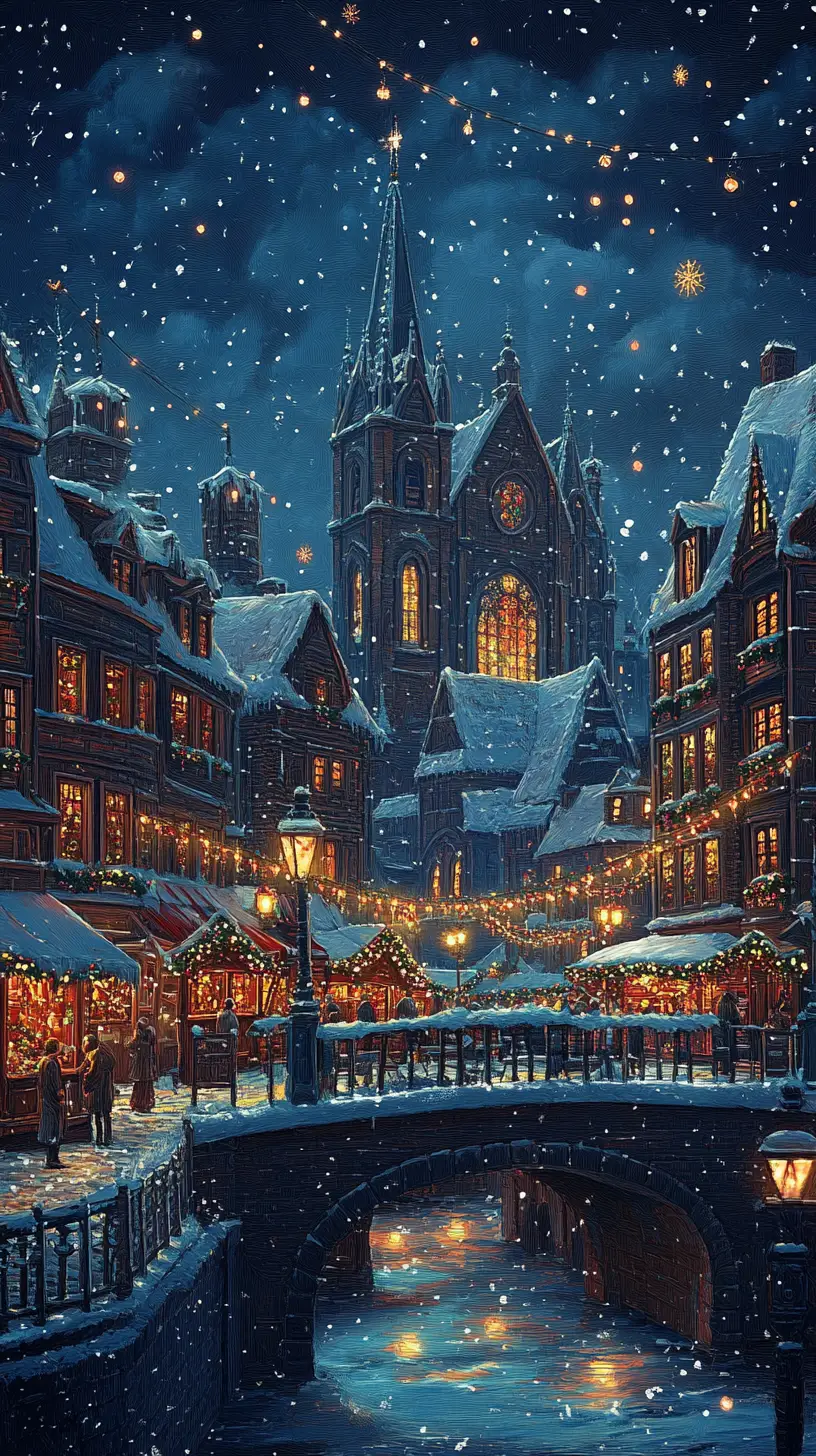 Dreamy christmas town market with church and glowing lights
