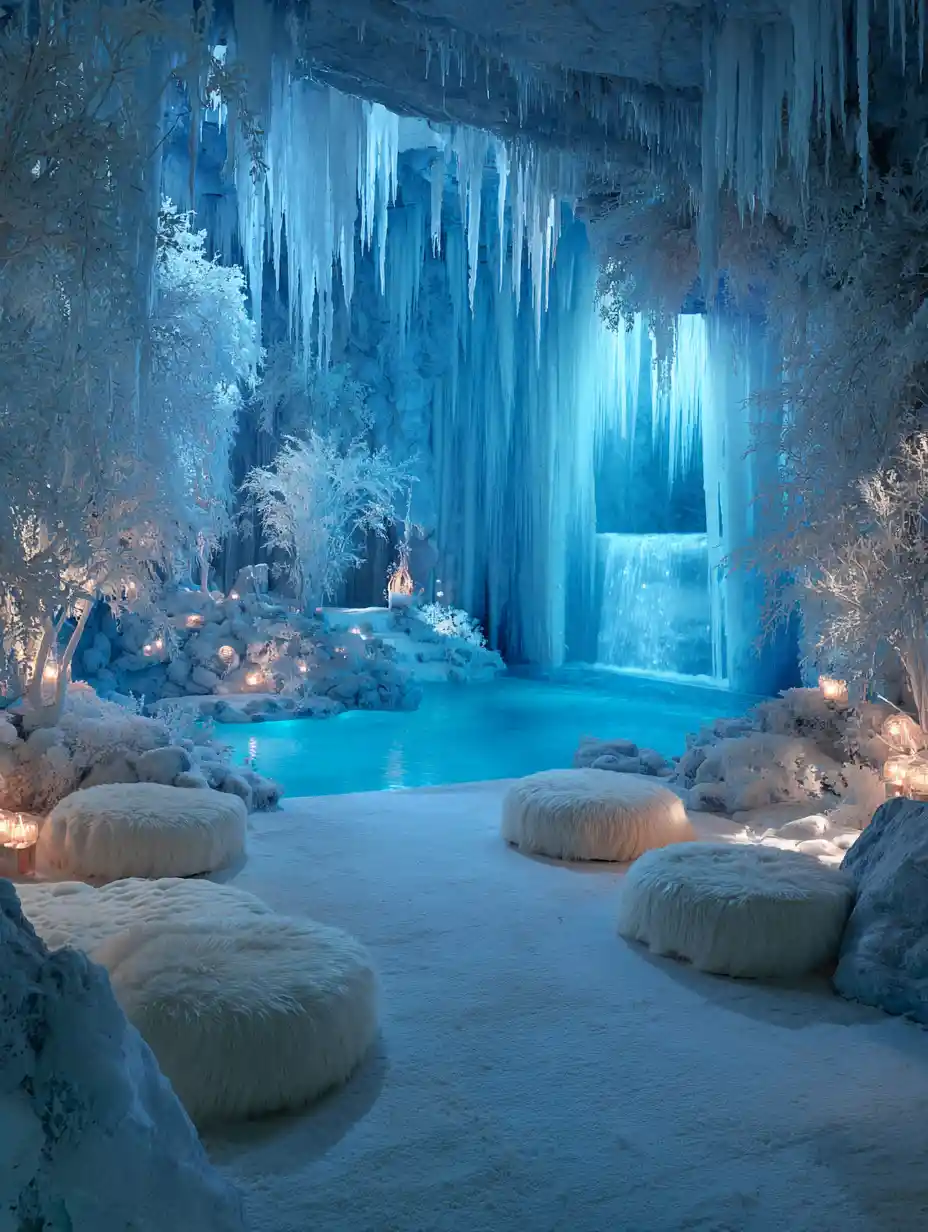Luxurious Furry Ottomans In A Frozen Ice Cave Retreat