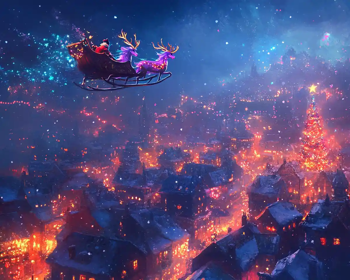 Santa sleigh with ice dragons over a festive night city