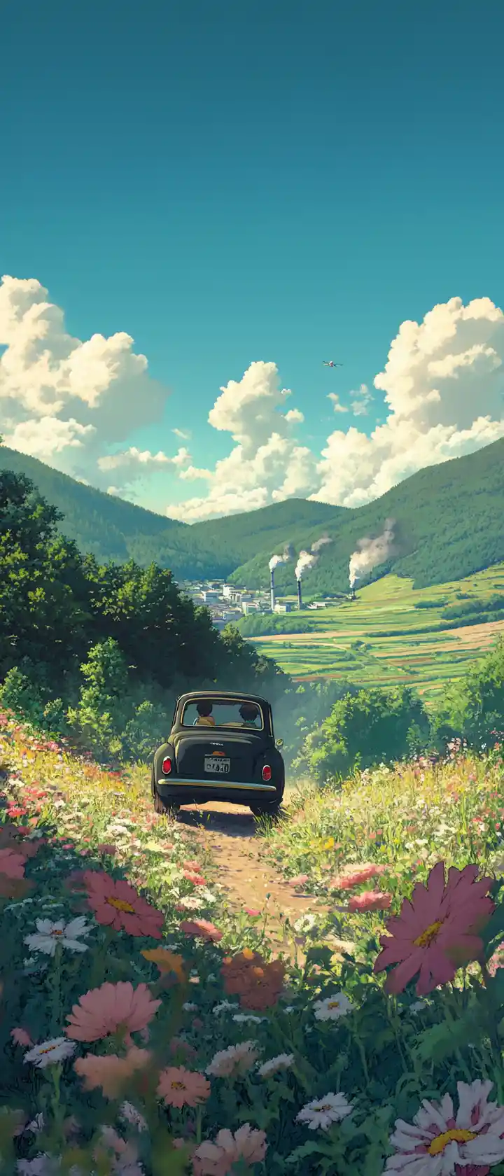 Joyful character driving a vintage car through nature