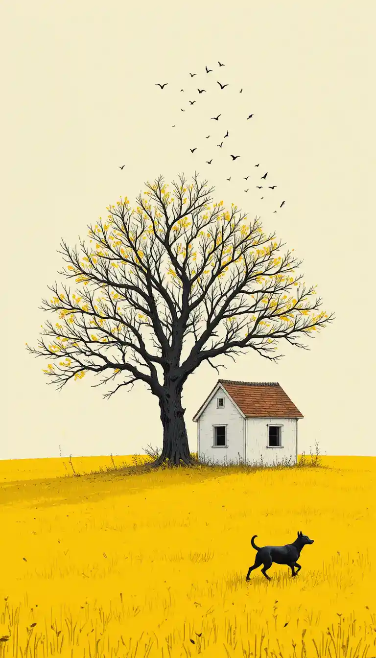 Tiny white house and tree on a bright yellow field
