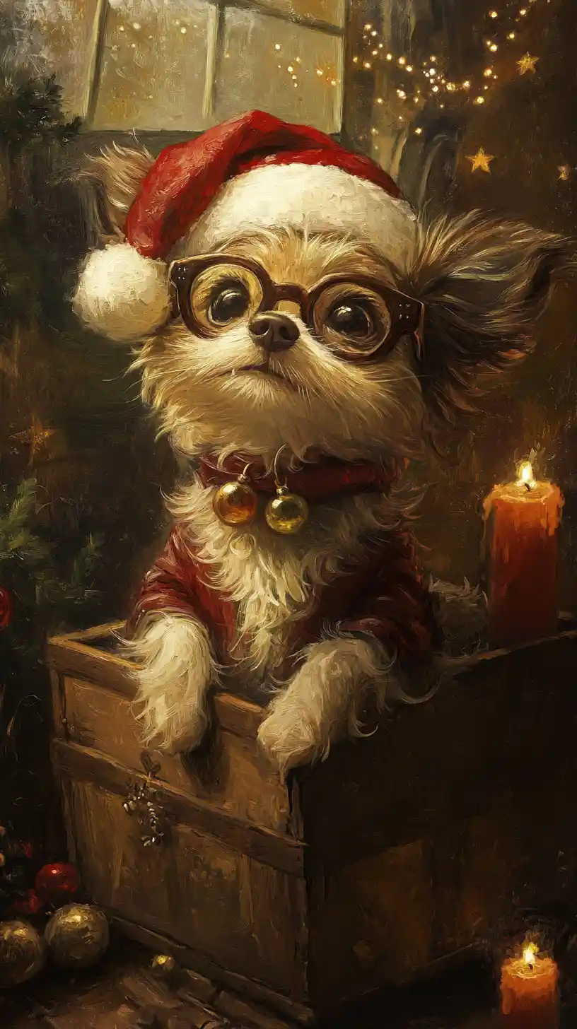 Cute fluffy dog sitting on an old wooden box