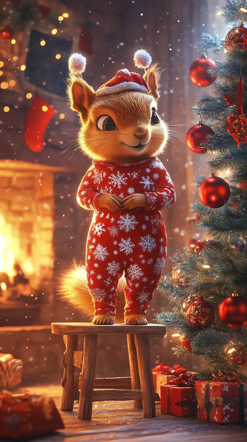 Cheerful Squirrel By Christmas Tree In Cozy Living Room
