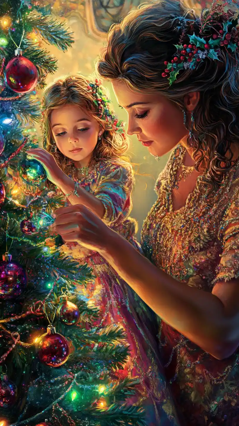 Mother and daughter decorating a sparkling christmas tree