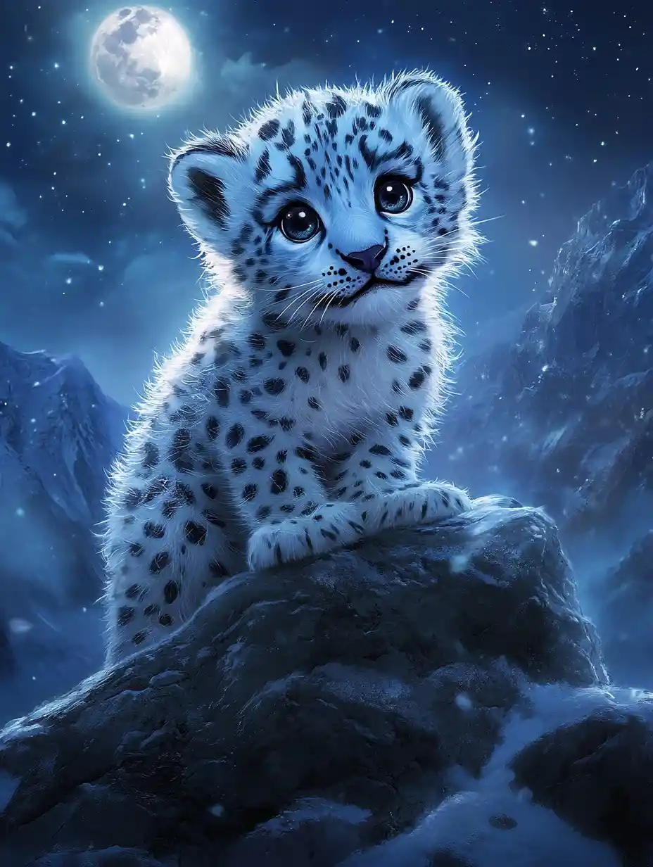 Snow Leopard Cub On Rocky Ledge Under Moonlit Sky