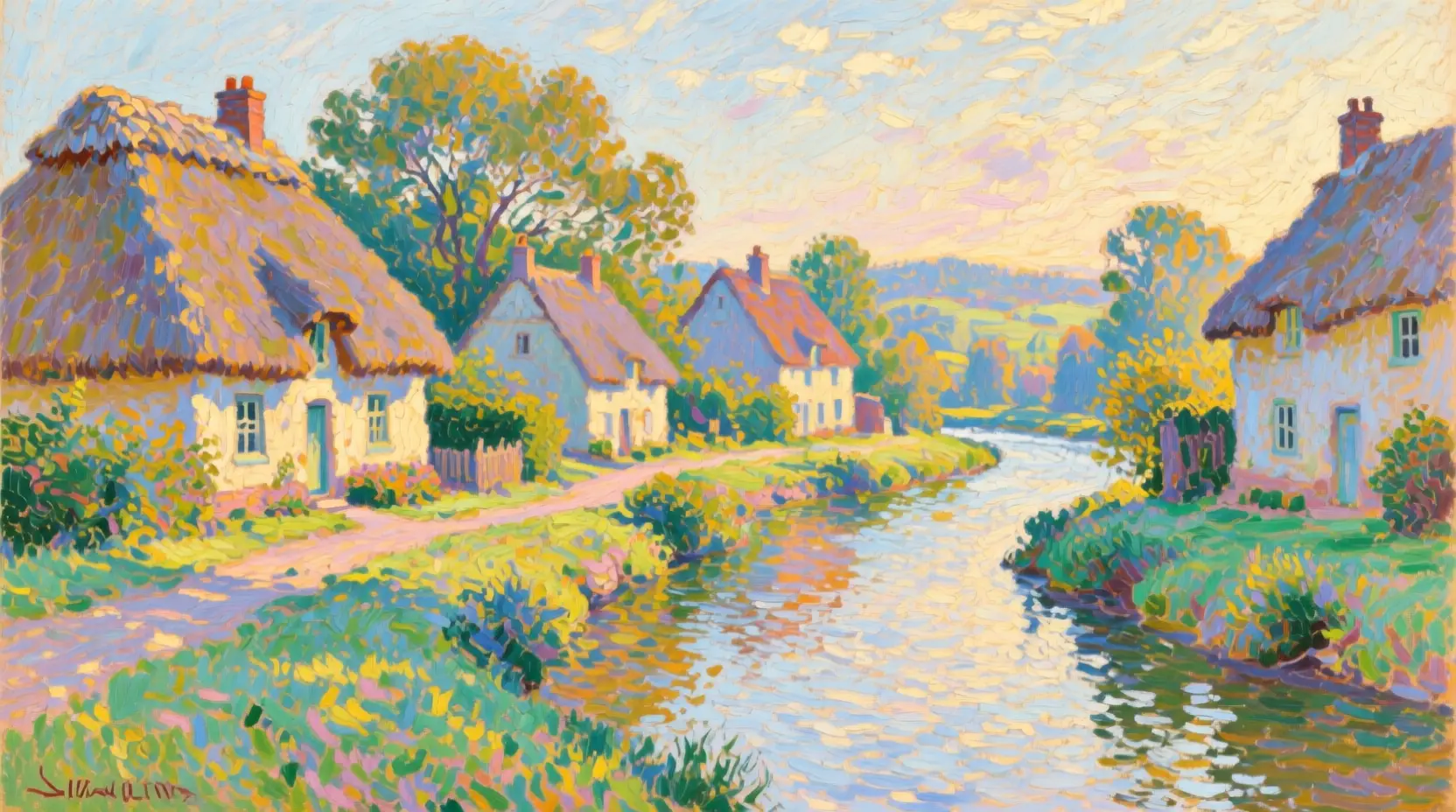 Peaceful Riverside Cottages In Warm Afternoon Light