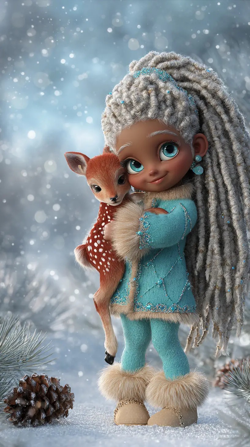 Little girl with turquoise eyes holding a fawn in snow