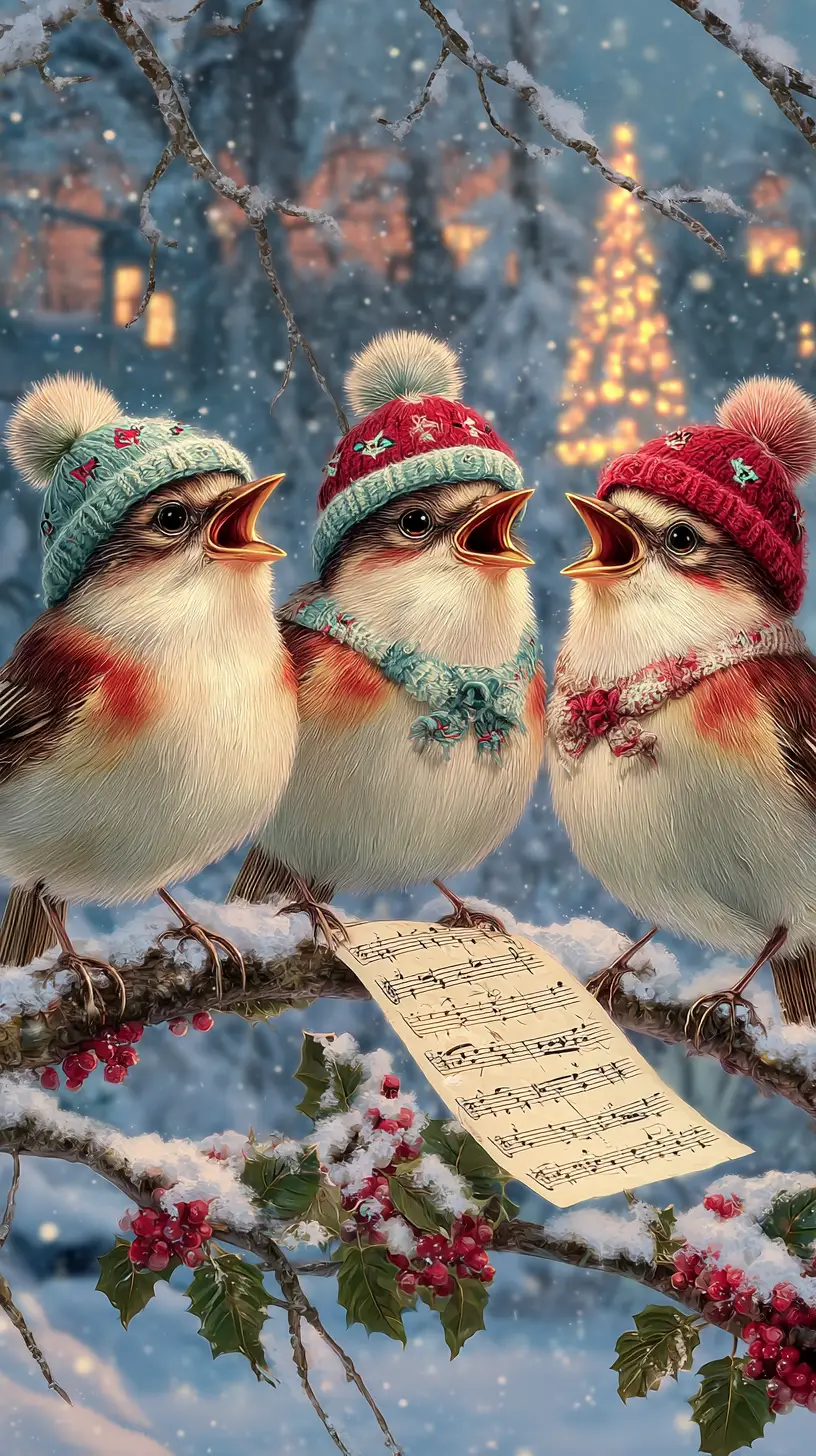Cute Christmas bird family singing on snowy branch