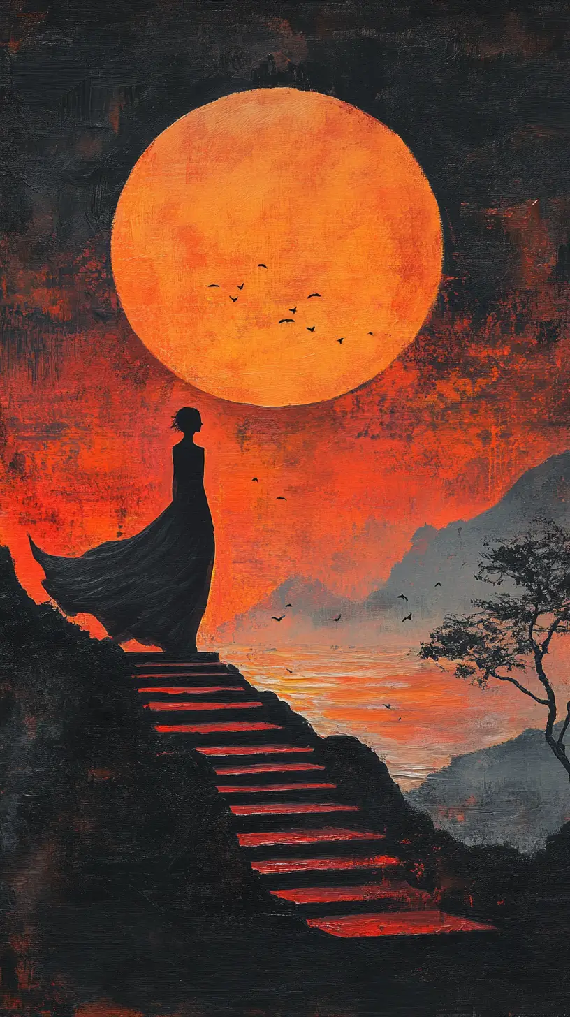 Woman in silhouette on crescent cliff at fiery sunset