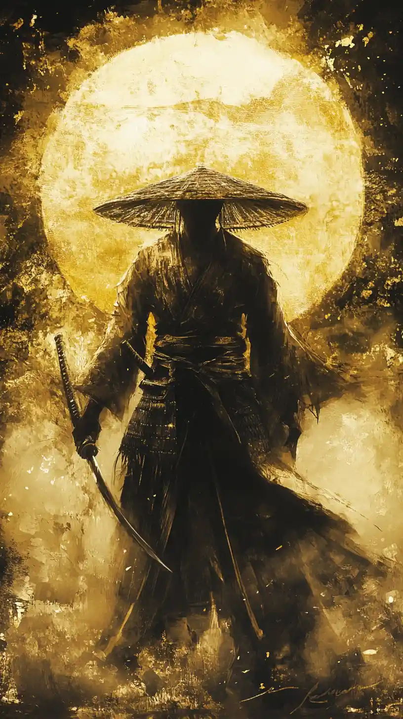 Solitary samurai before a radiant golden sun