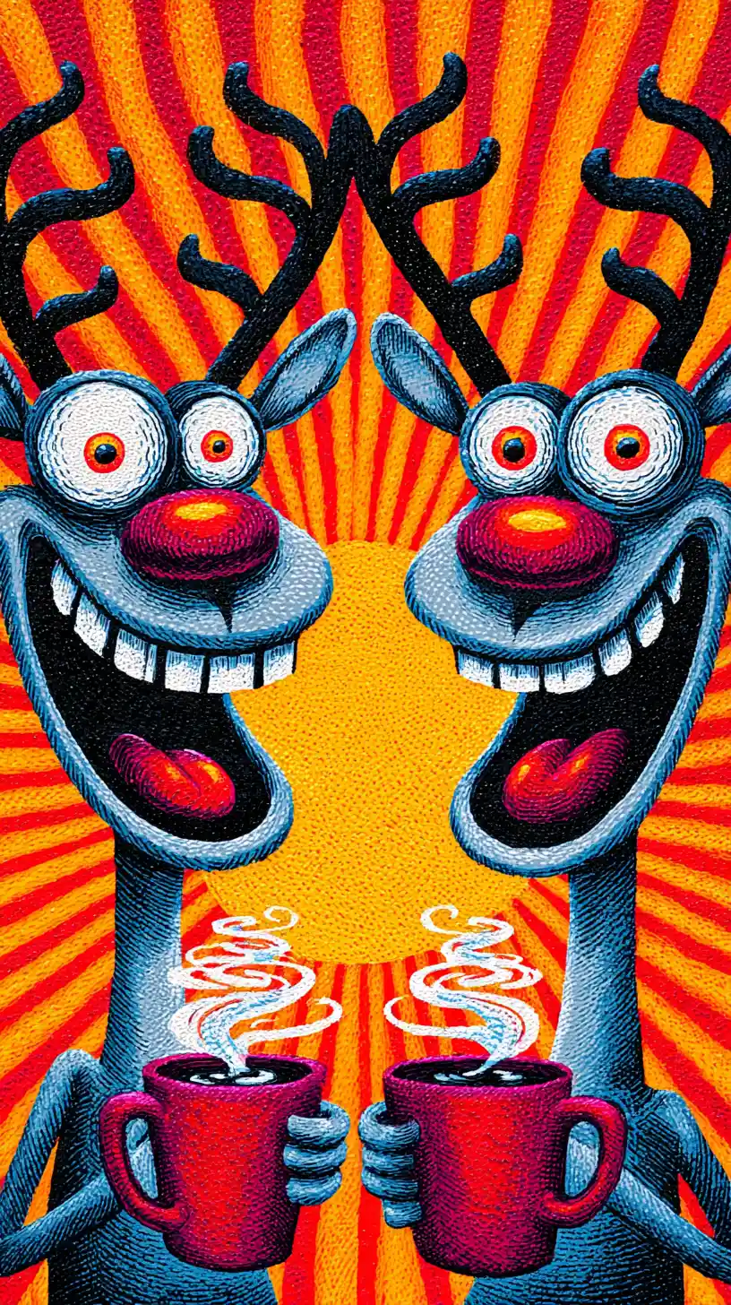 Two goofy reindeer laughing and toasting mulled wine