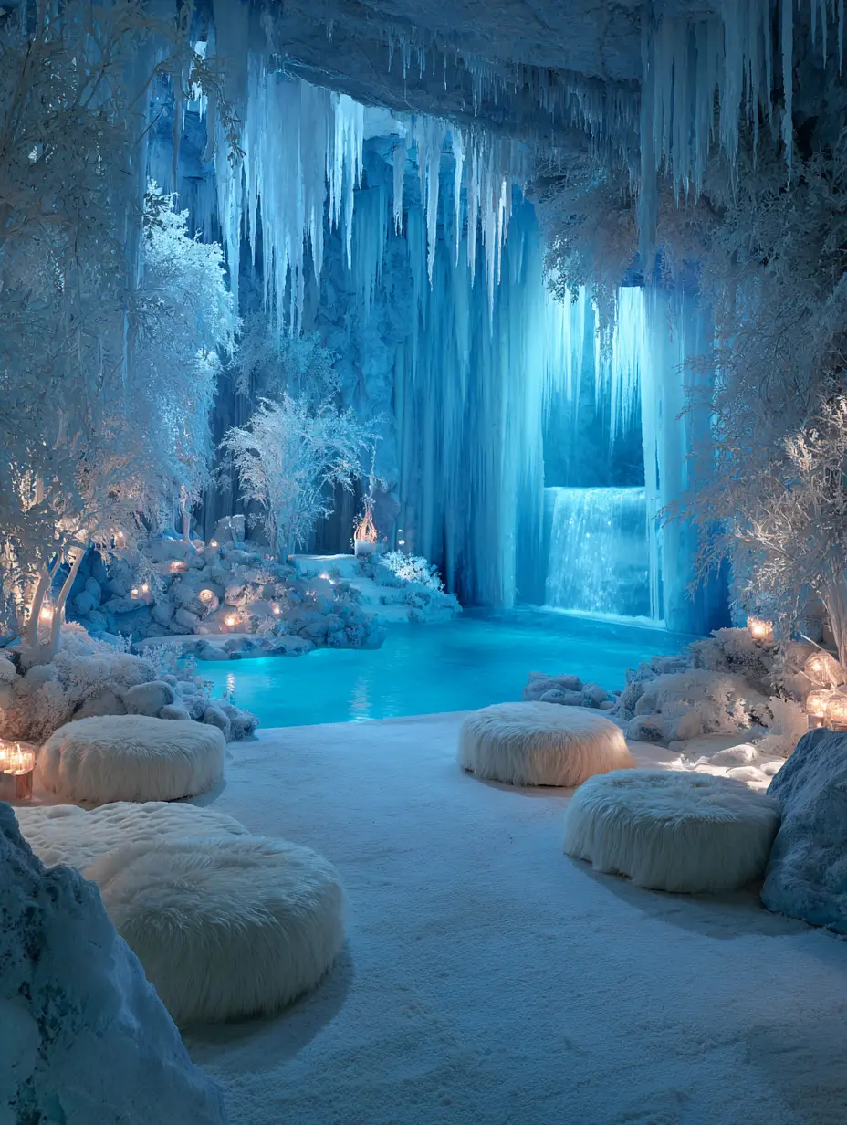 Luxurious Furry Ottomans In A Frozen Ice Cave Retreat