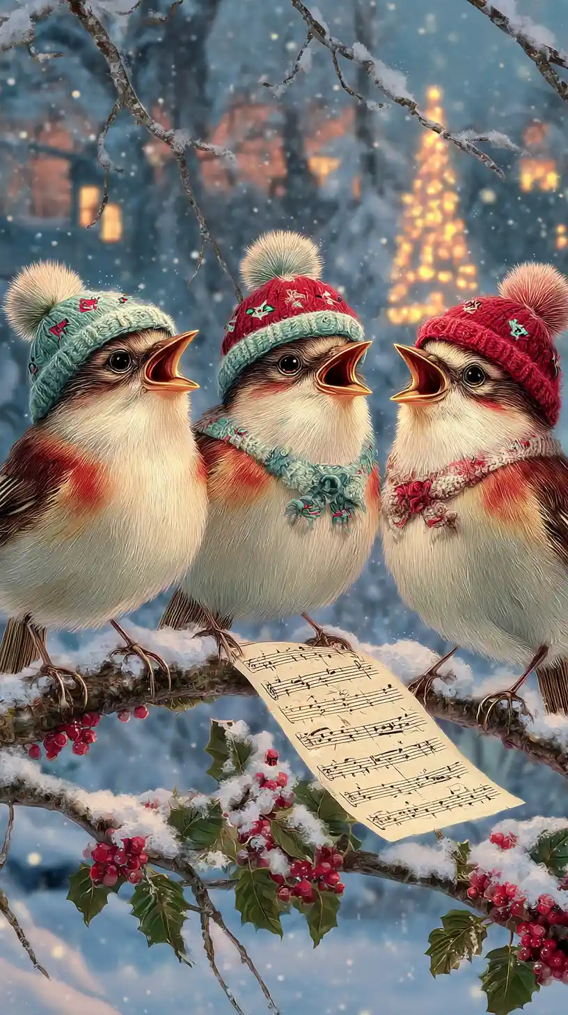 Adorable famille d’oiseaux de Noël chantant sur une branche enneigée