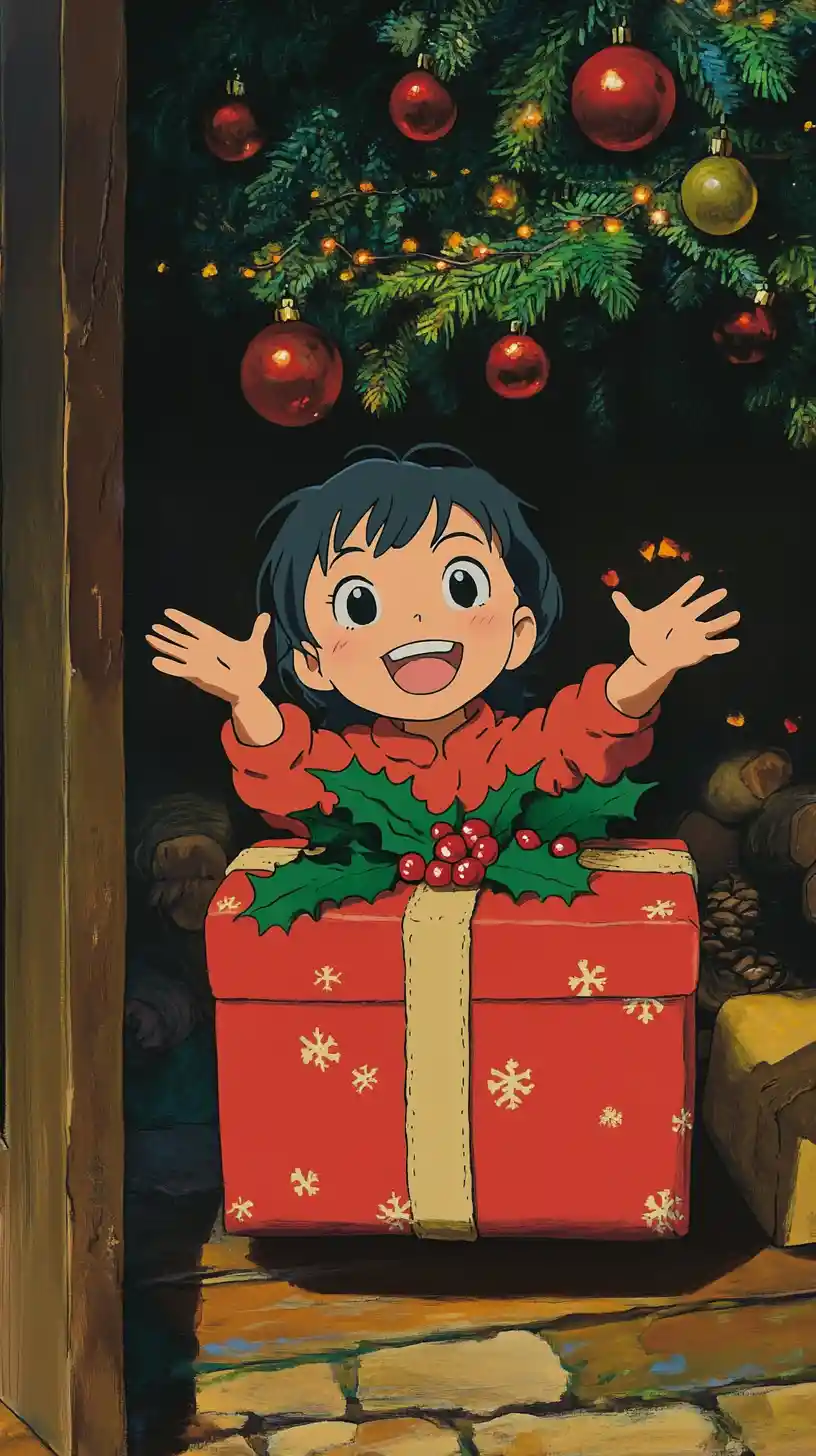 Smiling rustic gift box beneath a glowing Christmas tree