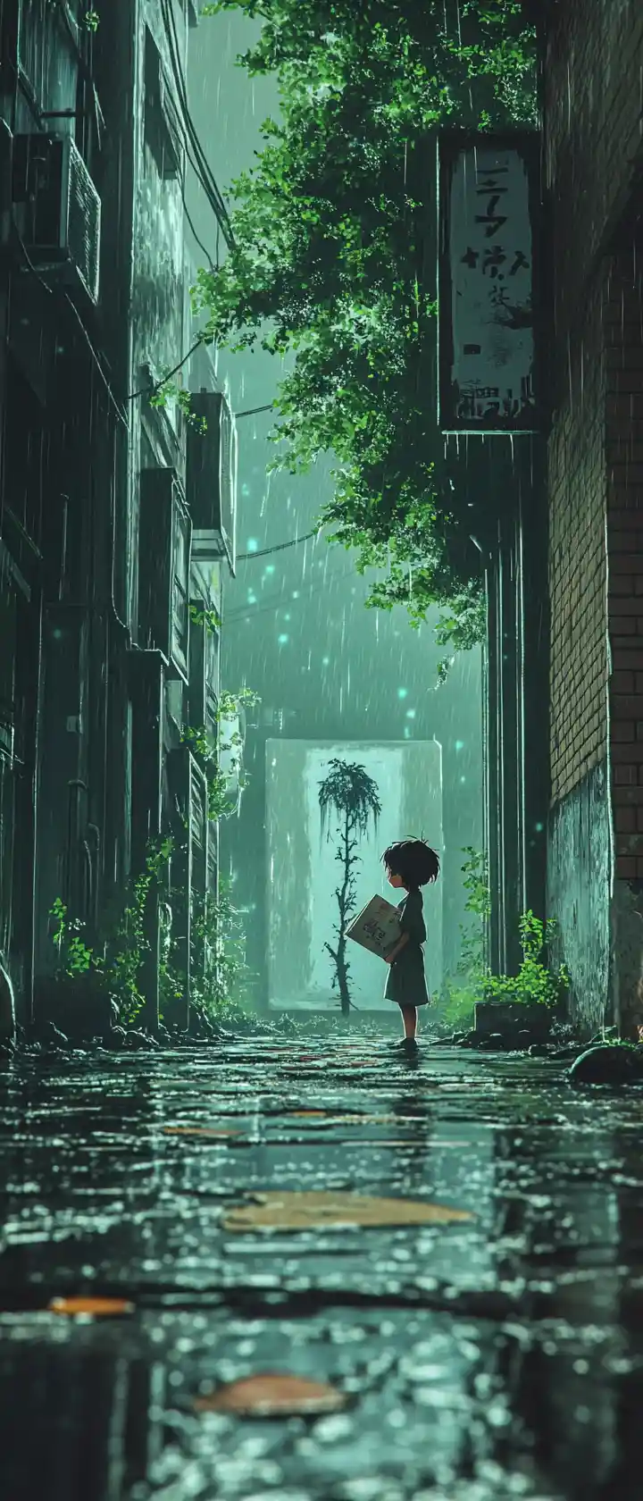 雨の路地裏と色あせた豆の木の落書きのアニメの子ども