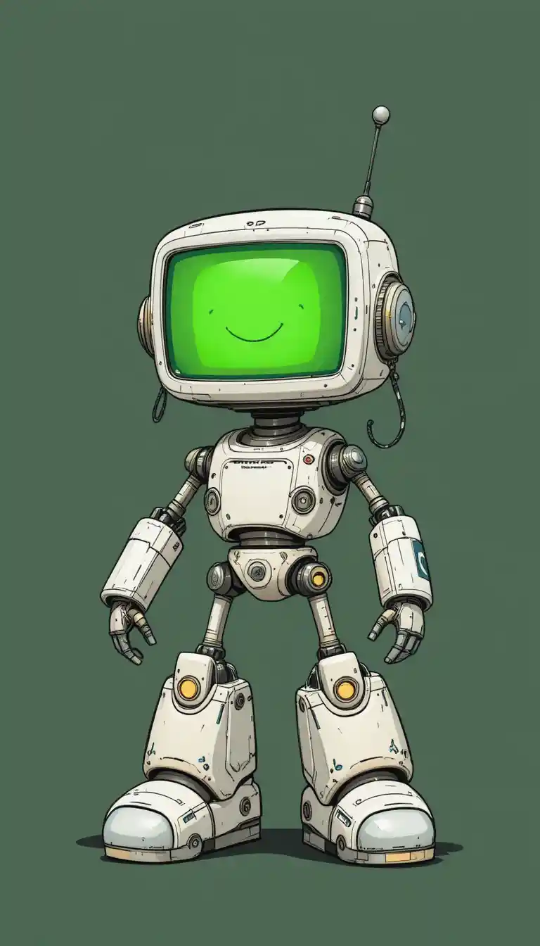 Cute robot with green screen face on dark background