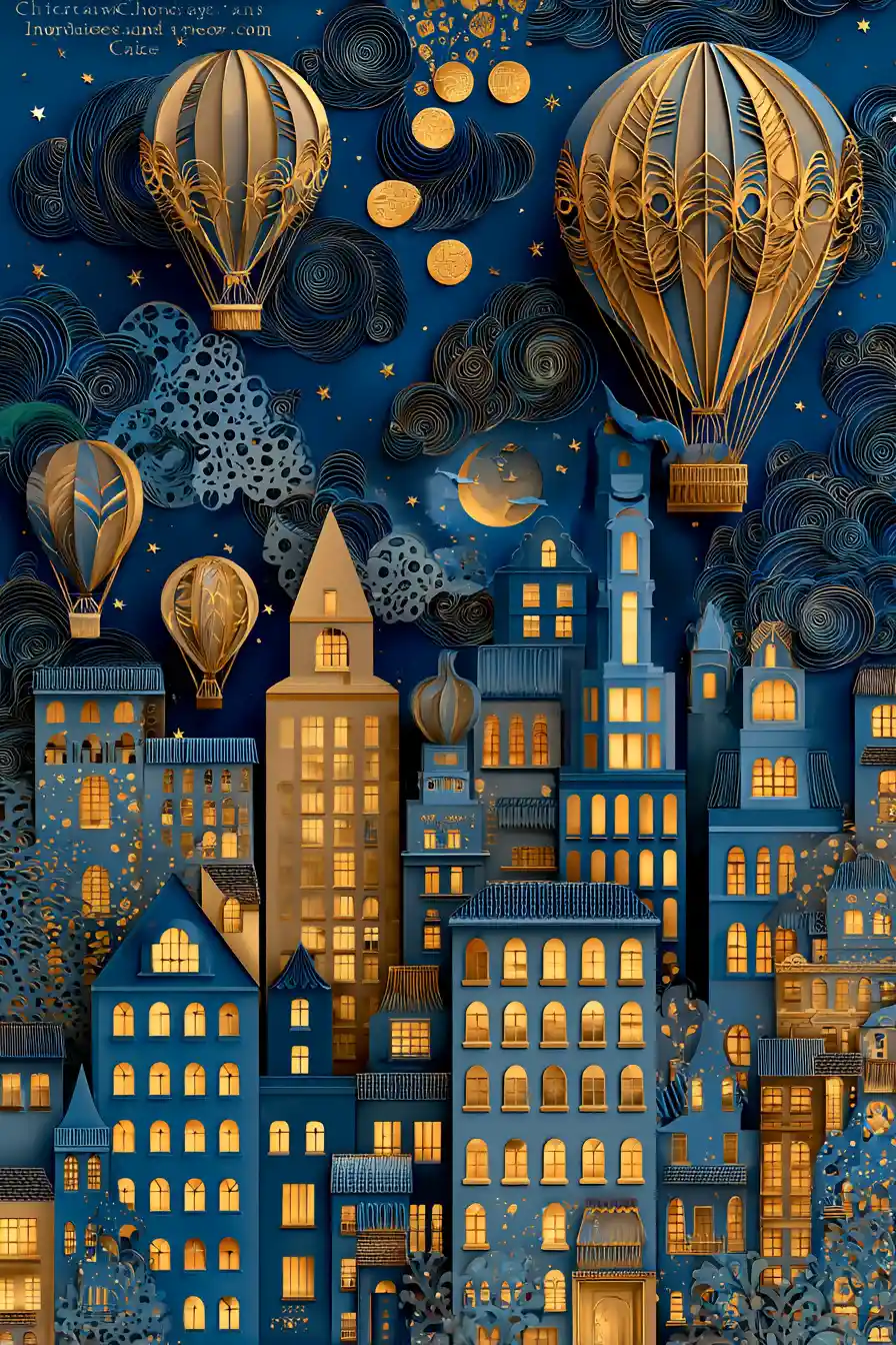 Whimsical Paper Cut Cityscape With Hot Air Balloons At Night