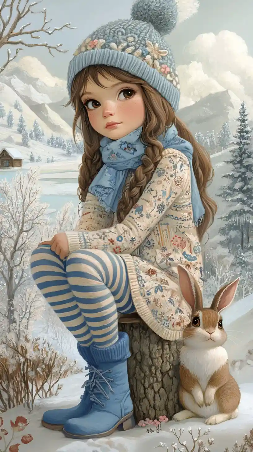 Young girl sitting on a stump in a snowy landscape