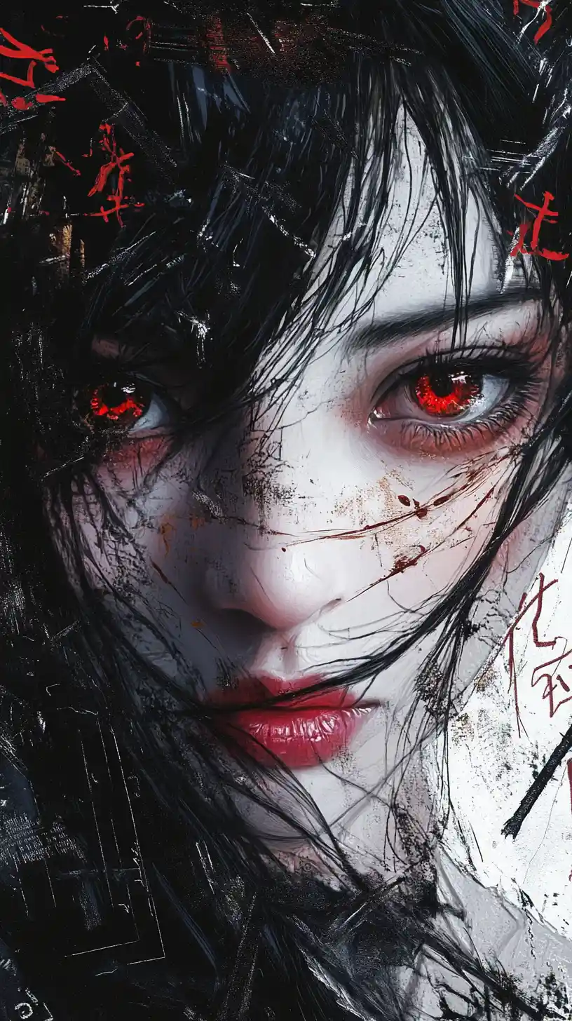 Anime woman portrait with intense red eyes and ink