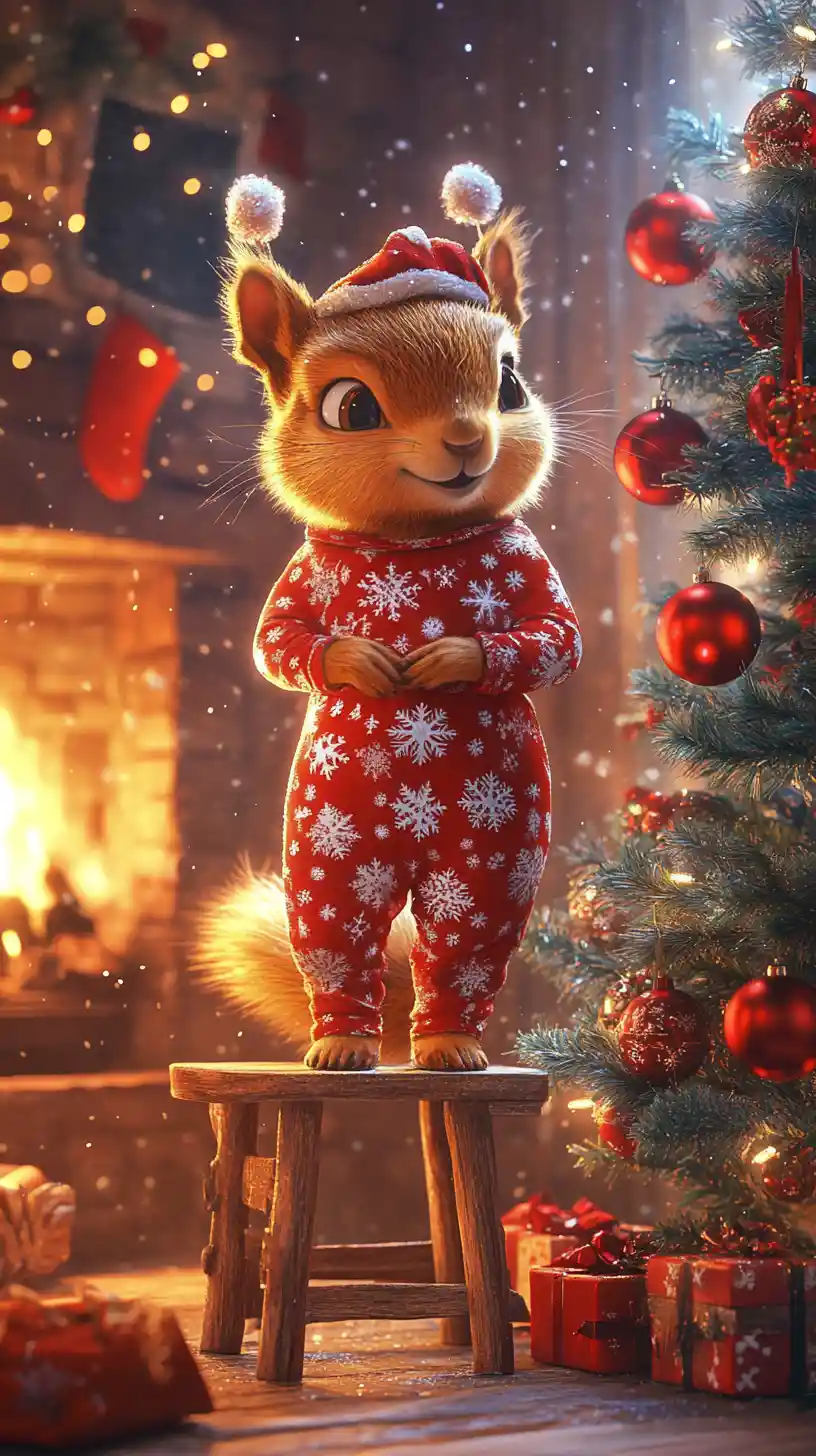 Cheerful Squirrel By Christmas Tree In Cozy Living Room