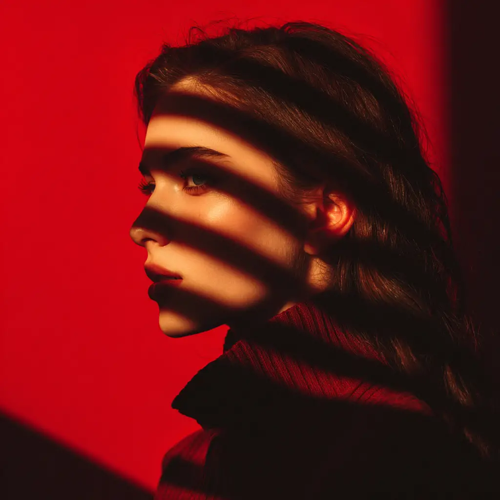 Intense female portrait in red studio lighting