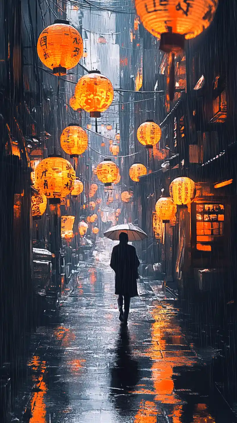 Lone figure walking in rainy cyberpunk city street