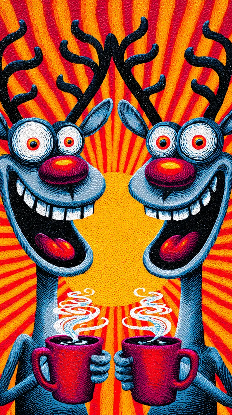 Two goofy reindeer laughing and toasting mulled wine