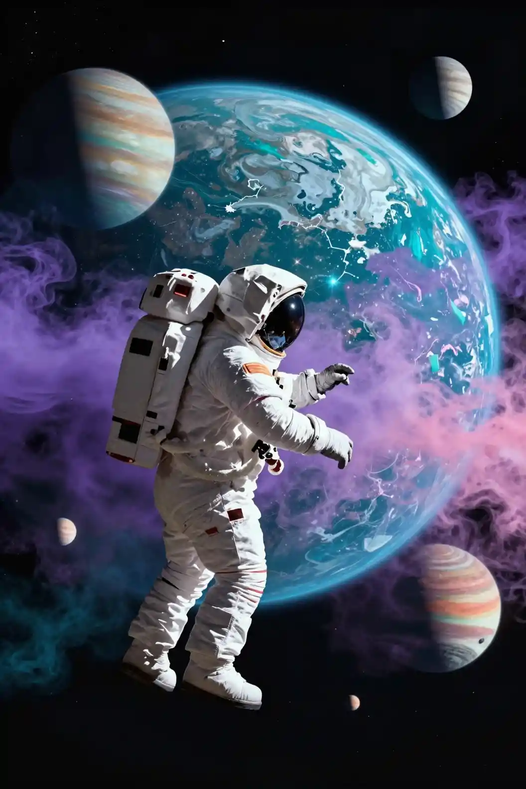 Astronaut Floating In Outer Space Among Colorful Planets