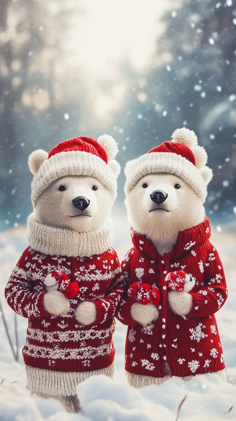 Two cute polar bears in winter clothes in snowy forest