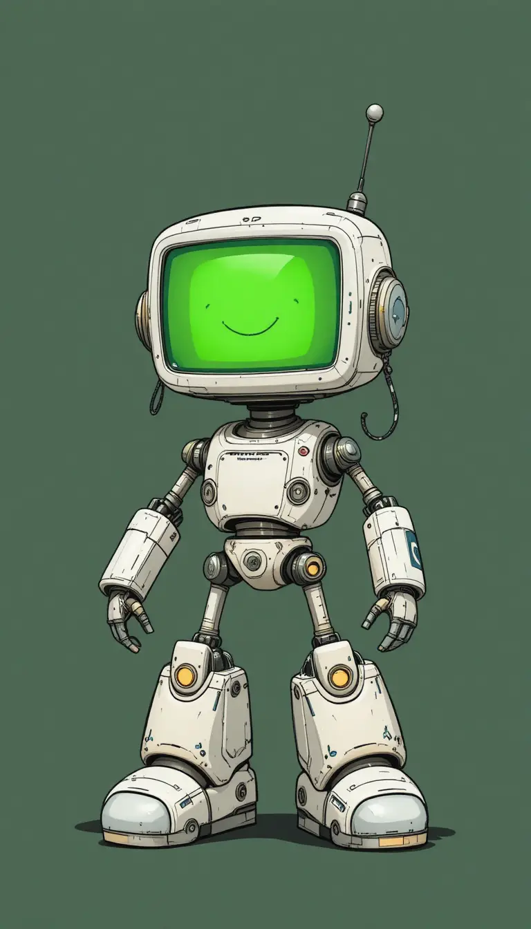 Cute robot with green screen face on dark background