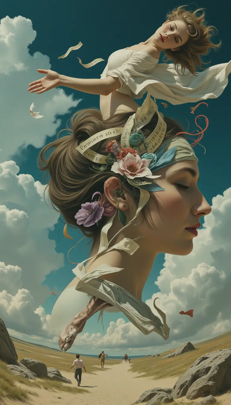 Surreal merging faces in a whirlwind of floating text