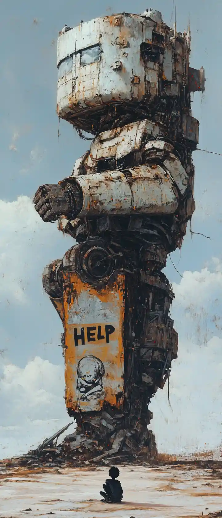 Tiny human on a colossal abandoned mech in wasteland