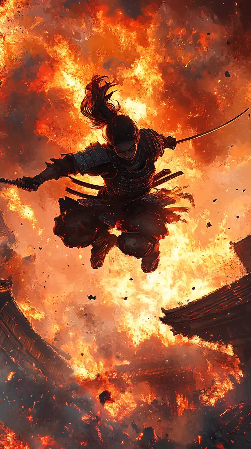 Samurai woman leaping through a burning Japanese village