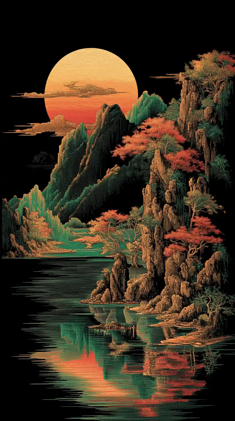 Majestic Japanese Mountains Above Serene Sunset Waters