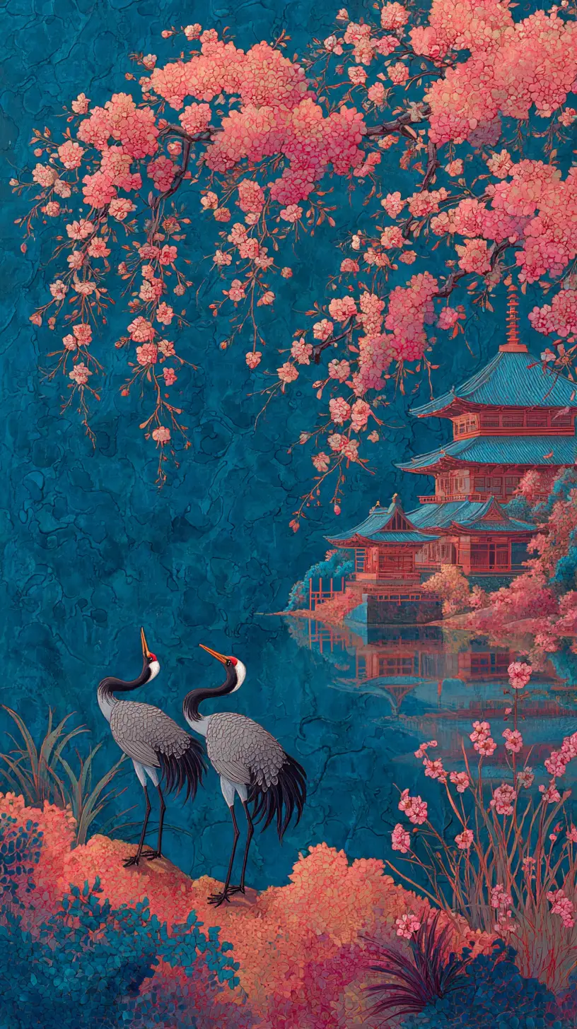 Japanese cranes by a pagoda on tranquil waters