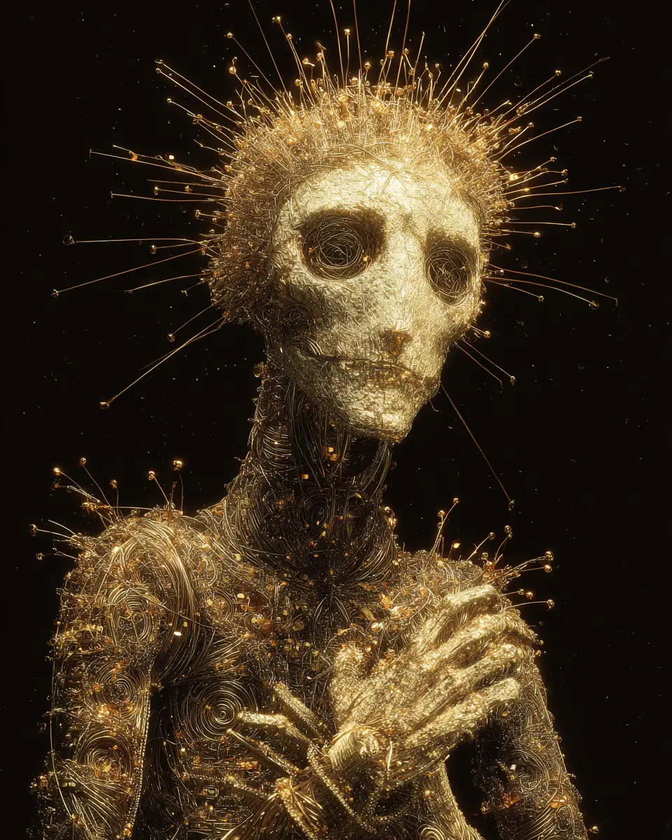 Surreal copper wire dancer in a mythical realm