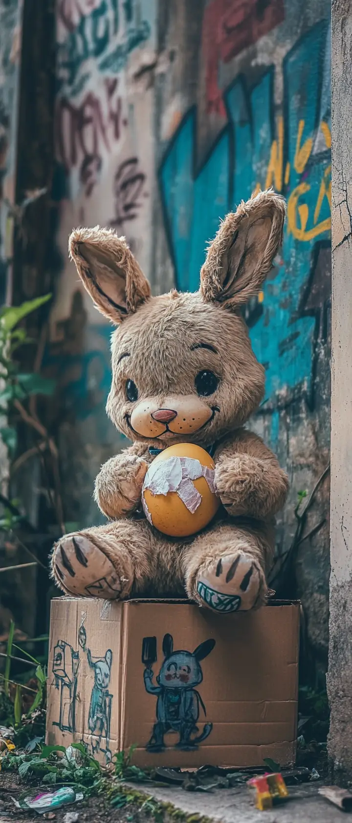 Cute animal mascot mending a broken humpty dumpty egg