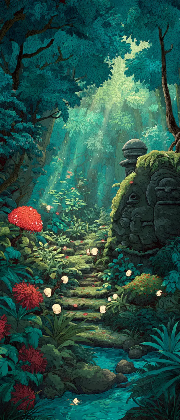 Magical forest glen with glowing mushrooms and spirits