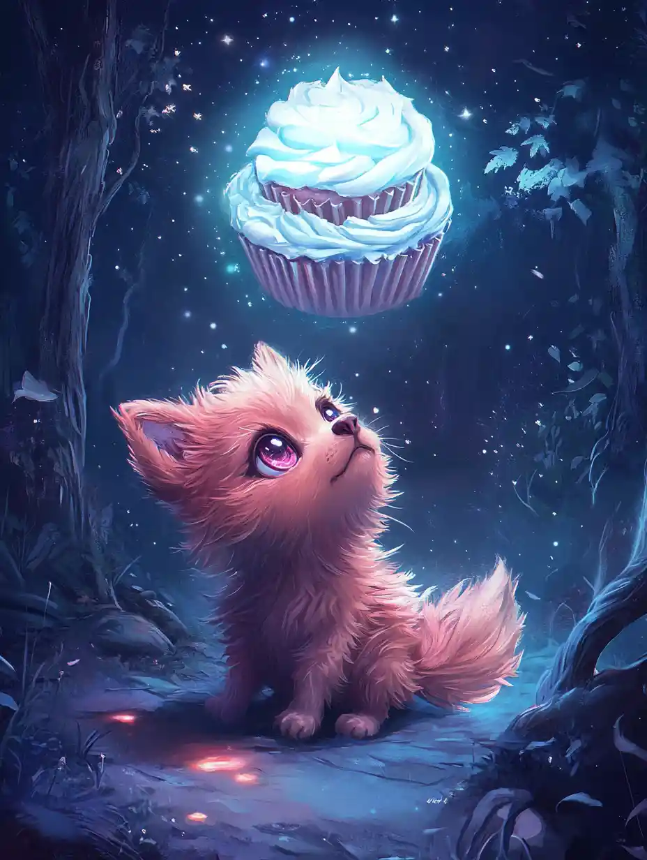 Chibi red wolf pup howling at a glowing moon cupcake